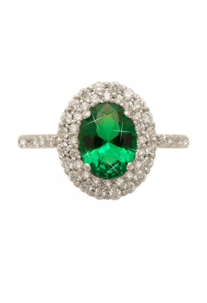 Anello Pietra Verde Oro Bianco 18KT Zirconi Misura 16 Fantasia Monile Q2CRJFM