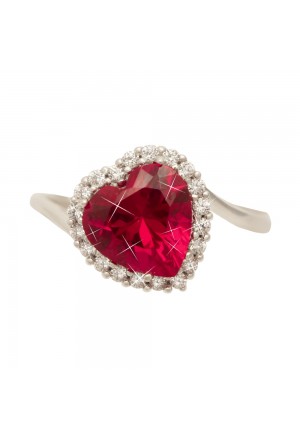 Anello Pietra Rossa Cuore Oro Bianco 18KT Zirconi Misura 14 Fantasia Monile D7O8UFM