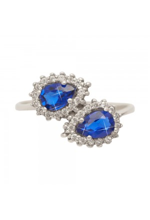 Anello Contrariè Pietra Blu Ovale Oro Bianco 18KT Zirconi Misura 17 Fantasia Monile QBS4DFM