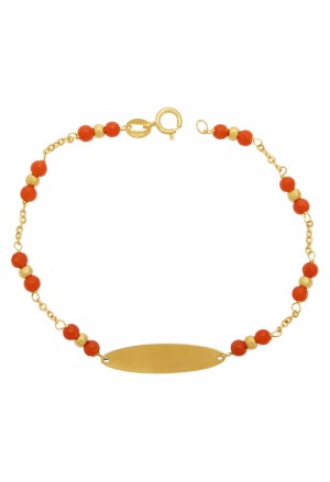 Bracciale Neonato Corallo Rosso Piastrina Centrale Oro Giallo 18KT Regalo Nascita Fantasia Monile JWK0OFM