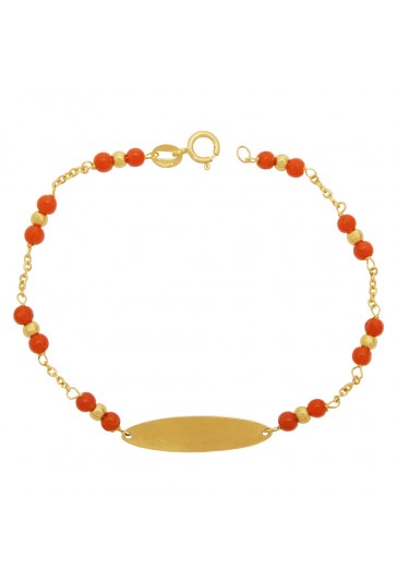 Bracciale Neonato Corallo Rosso Piastrina Centrale Oro Giallo 18KT Regalo Nascita Fantasia Monile JWK0OFM