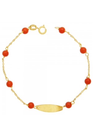 Bracciale Neonato Corallo Rosso Piastrina Centrale Oro Giallo 18KT Regalo Nascita Fantasia Monile ANVNLFM