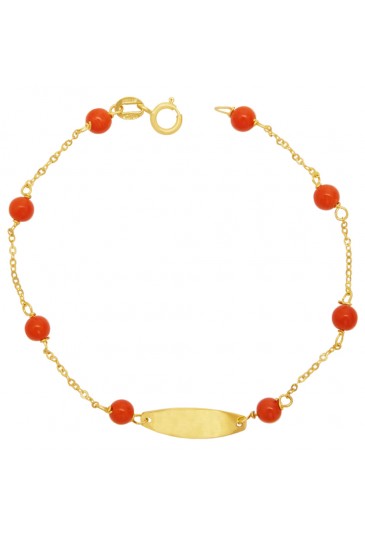 Bracciale Neonato Corallo Rosso Piastrina Centrale Oro Giallo 18KT Regalo Nascita Fantasia Monile ANVNLFM