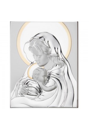 Quadro Sacro Madonna Con Bambino Argento Laminato Dettagli Oro Misura 27X34 Regalo Nozze Thilia 453131