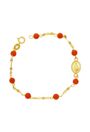 Bracciale Neonato Corallo Rosso Madonna Miracolosa Oro Giallo 18KT Regalo Nascita Fantasia Monile DO23AFM