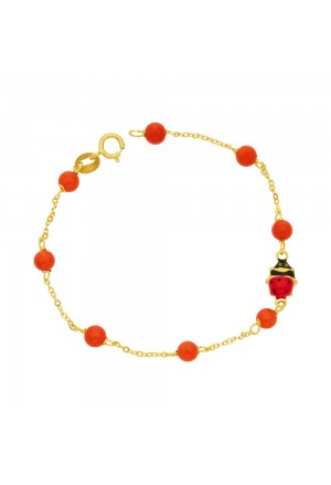 Bracciale Neonato Corallo Rosso Coccinella Oro Giallo 18KT Regalo Nascita Fantasia Monile L263BFM