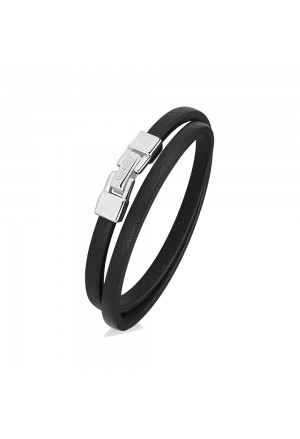 Bracciale Ink Pelle Nera Doppio Giro Chiusura Acciaio Anallergico Uomo Brosway BIK137