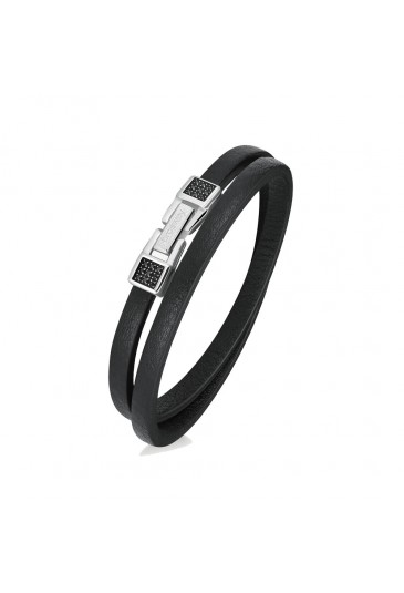 Bracciale Ink Pelle Nera Doppio Giro Zirconi Neri Chiusura Acciaio Anallergico Uomo Brosway BIK138