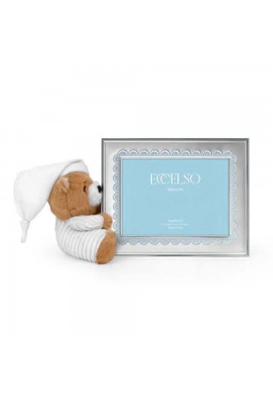 Cornice Portafoto Con Peluche Bimbo Celeste Argento Bilamina Eccelso 5047/3C