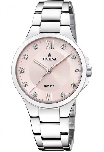 Orologio Festina Solo Tempo Quadrante Rosa Cristalli Bianchi Acciaio Donna Lady F20582/2