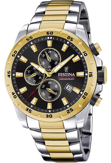 Orologio Festina Cronografo Quadrante Nero Datario Cinturino Acciaio Bicolore Uomo F20562/4