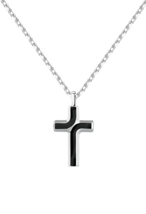 Collana Brosway Backliner Catena Acciaio Crocefisso Smalto Nero Misura 48cm BBC07