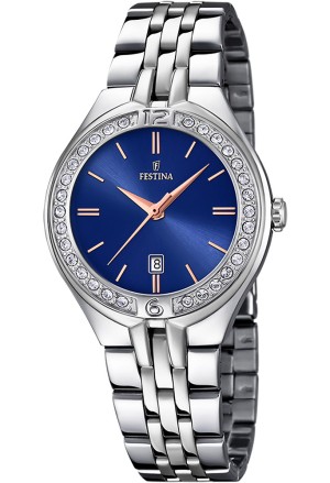 Orologio Festina Solo Tempo Datario Quadrante Azzurro Ghiera Cristalli Bianchi Acciaio Donna F16867/5