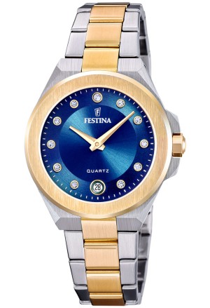 Orologio Festina Solo Tempo Datario QuadranteBlu Cristalli Bianchi Acciaio Gold Donna F20702/3