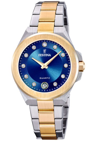 Orologio Festina Solo Tempo Datario QuadranteBlu Cristalli Bianchi Acciaio Gold Donna F20702/3