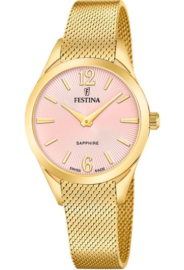 Orologio Festina Swiss Made Acciaio Gold Solo Tempo Piatto Quadrante Rosa Donna F20077/2