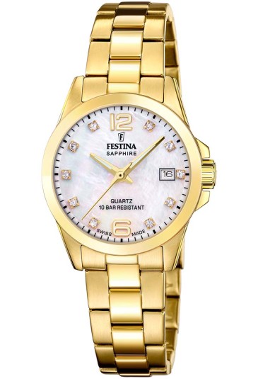 Orologio Festina Swiss Made Solo Tempo Datario Acciaio Gold Quadrante Madreperla Cristalli Donna F20050/1