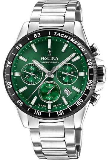 Orologio Festina Cronografo Quadrante Verde Datario Ghiera Nera Cinturino Acciaio Uomo F20560/4