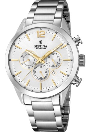 Orologio Festina Cronografo Quadrante Bianco Datario Index Gold Cinturino Acciaio Uomo F20343/1