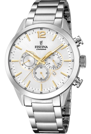 Orologio Festina Cronografo Quadrante Bianco Datario Index Gold Cinturino Acciaio Uomo F20343/1