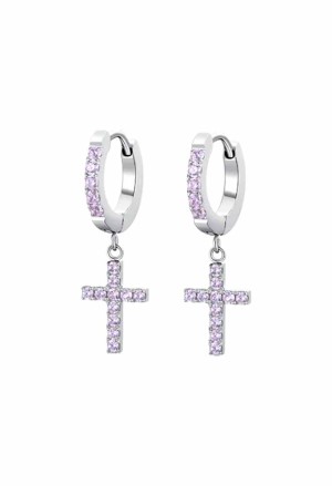 Orecchini Cerchio Pendente Croce Zirconi Rosa Acciaio Anallergico Luca Barra OK1430