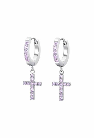 Orecchini Cerchio Pendente Croce Zirconi Rosa Acciaio Anallergico Luca Barra OK1430