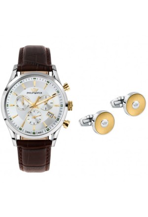 Kit Orologio + Gemelli Philip Watch Sunray Cronografo Datario Cinturino Pelle Uomo R8271908011
