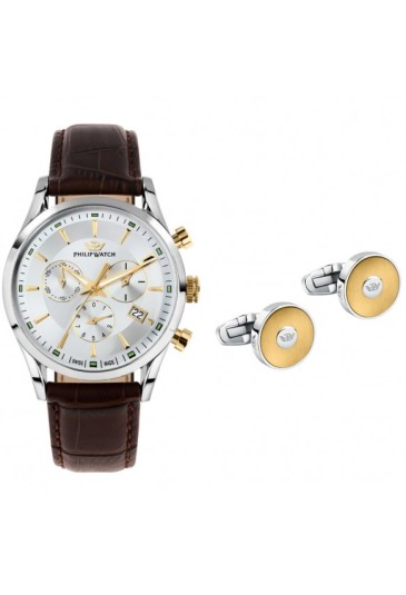 Kit Orologio + Gemelli Philip Watch Sunray Cronografo Datario Cinturino Pelle Uomo R8271908011