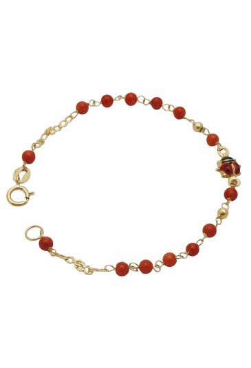 Bracciale Neonato Coccinella Corallo Rosso Oro Giallo 18KT Regalo Nascita Fantasia Monile RY308FM