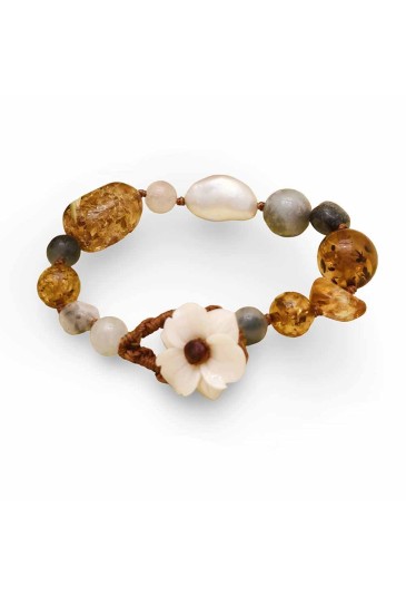 Bracciale Pietre Mix Naturali Perla Di Fiume Chiusura Fiore Bianco Lavorazione Artigianale Fantasia Monile FDLXXFM