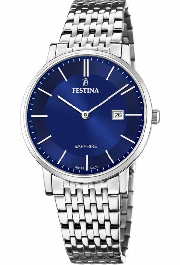 Orologio Festina Classic Swiss Made Solo Tempo Datario Quadrante Blu Acciaio Uomo F20018/2