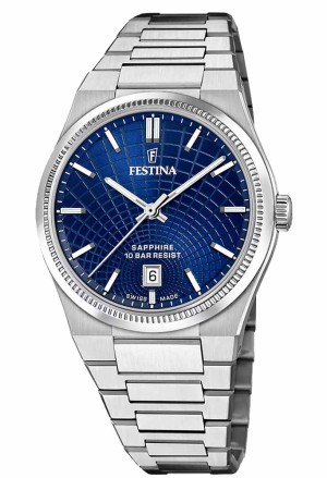 Orologio Festina Rive Swiss Made Solo Tempo Datario Quadrante Azzurro Acciaio Uomo F20051/4