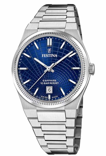 Orologio Festina Rive Swiss Made Solo Tempo Datario Quadrante Azzurro Acciaio Uomo F20051/4