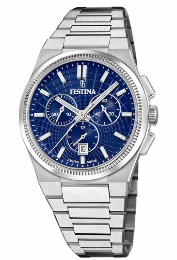 Orologio Festina Rive Swiss Made Cronografo Datario Quadrante Blu Acciaio Uomo F20059/2