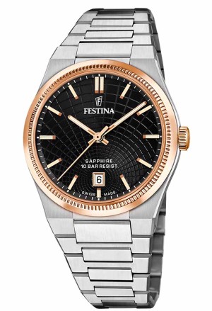 Orologio Festina Rive Swiss Made Solo Tempo Datario Quadrante Nero Acciaio Rosa Uomo F20065/4