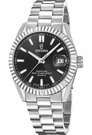 Orologio Festina Classic Swiss Made Datario Quadrante Nero Acciaio Uomo F20084/D