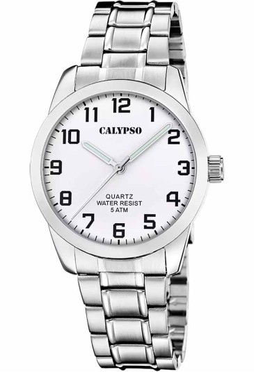 Orologio Calypso Basic Solo Tempo Numeri Arabi Quadrante Bianco Acciaio 5ATM K5866/1