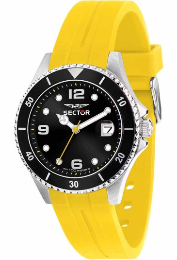 Orologio Sector Modello 230 Solo Tempo Datario Quadrante Nero Acciaio Misura 39 mm Cinturino Silicone Giallo Uomo R3251161058