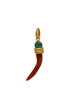 Ciondolo Corno Corallo Rosso Malachite Verde Montatura Argento Dorato Perlepietre P20FUFM