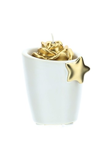 Portacandela Gres Bianco Altezza 8cm Applicazione Stella Dorata Con Candela Hervit 28716