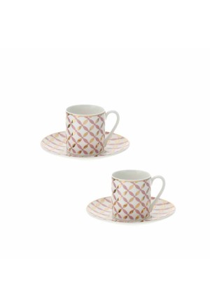 Set Due Tazzine Caffe Porcellana Colorata Rosa Oro Dimensione 12x6 cm Con Piattino Hervit 29231