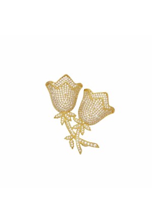 Spilla Fiori Campanelle Argento Finitura Dorata Zirconi Misura 4x4 cm Fantasia Monile L8KADFM