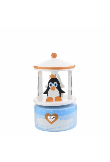 Carillon Giostra Musica Baby Legno Pinguino Argento Bilamina Legno Regalo Nascita Altezza 13cm Acca B.487.2