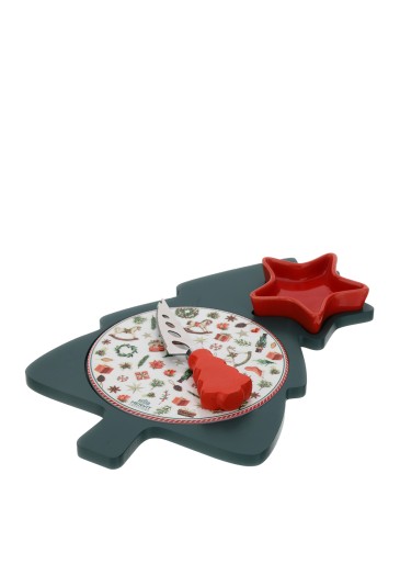 Set Tagliere Albero Di Natale Con Coltello Formaggio Legno Ceramica Misura 30x20cm Hervit 31003
