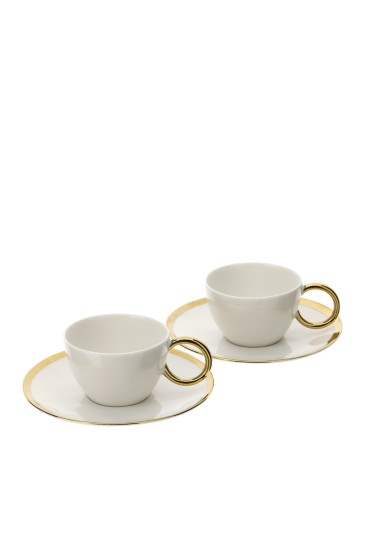 Set Due Tazzine Caffe Porcellana Bianca Oro Diametro 13cm Con Piattino Hervit 29878