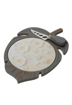 Tagliere Forma Di Foglia Coltello Formaggio Legno Porcellana Margherite Misura 28x18cm Hervit 30585