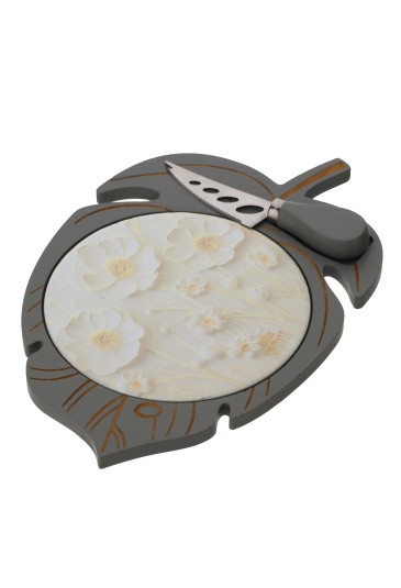 Tagliere Forma Di Foglia Coltello Formaggio Legno Porcellana Margherite Misura 28x18cm Hervit 30585