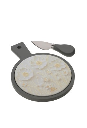 Tagliere Coltello Formaggio Legno Porcellana Margherite Misura 25x15cm Hervit 30583