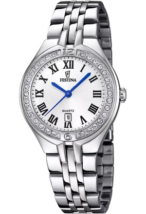 Orologio Festina Solo Tempo Datario Quadrante Bianco Cassa Con Cristalli Bianchi Numeri Romani Acciaio Donna F16867/8