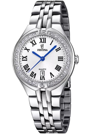Orologio Festina Solo Tempo Datario Quadrante Bianco Cassa Con Cristalli Bianchi Numeri Romani Acciaio Donna F16867/8